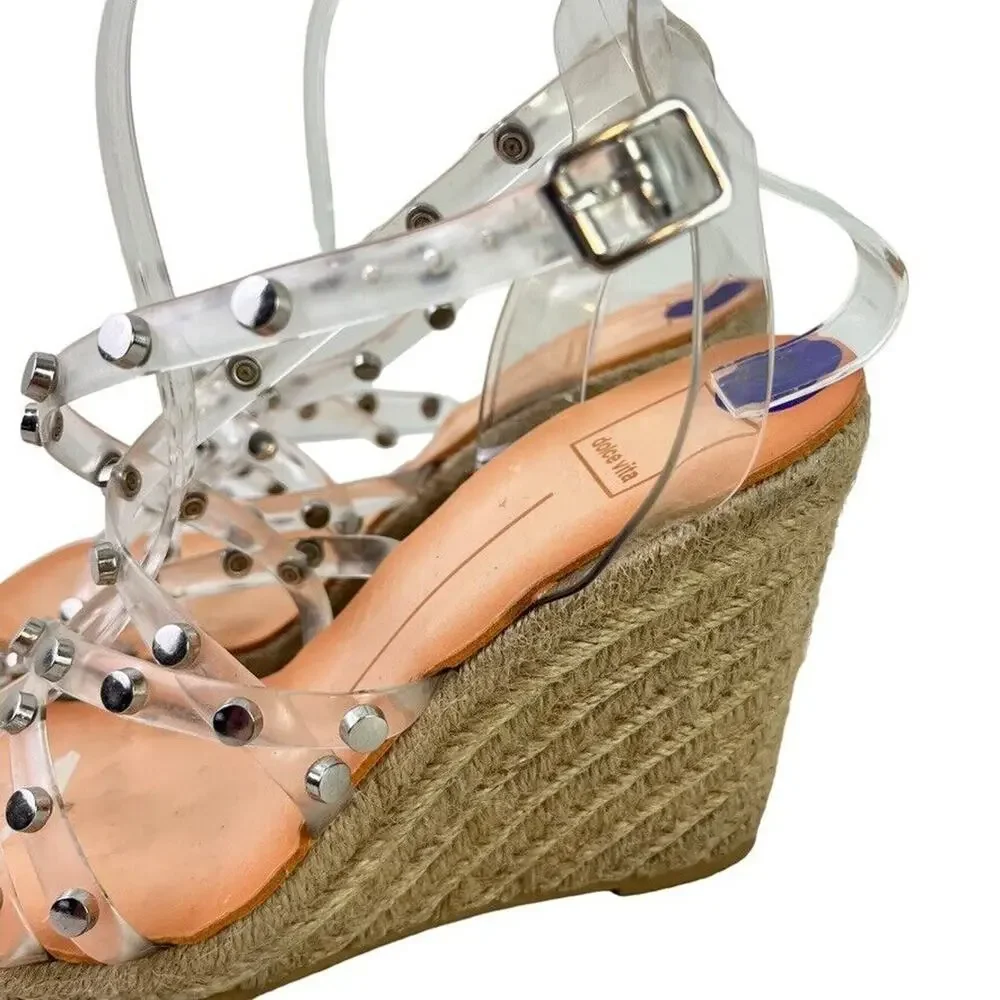 Dolce Vita Maxton Espadrille Womens Clear Studded Wedge Sandals Square Toe 8.5